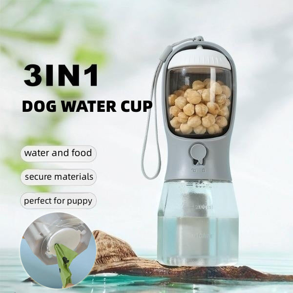 Portable 3-in-1 Dog Water Food Cup with Waste Bag Holder