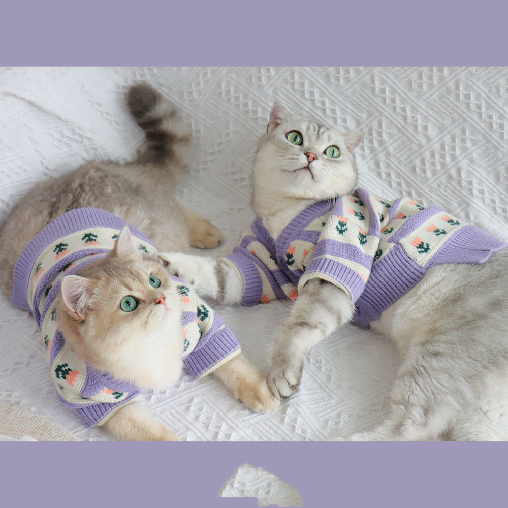 Retro Purple Flower Knitted Sweater for Pets