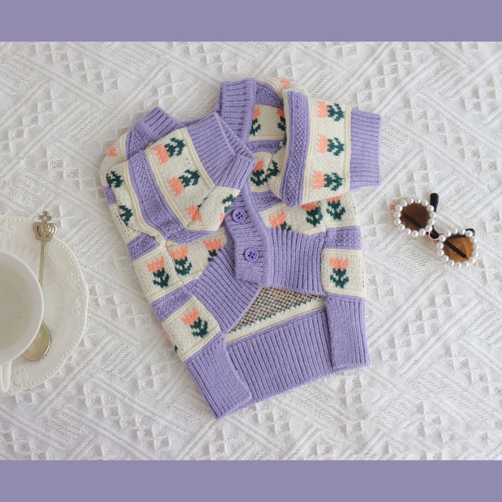 Retro Purple Flower Knitted Sweater for Pets