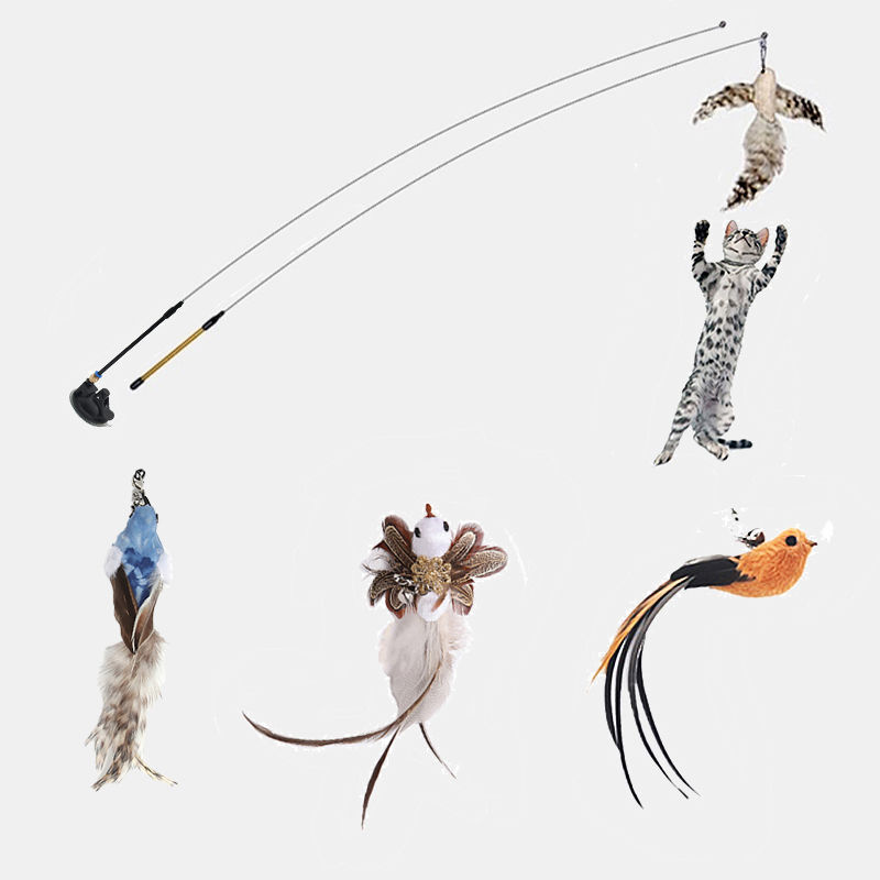 Replaceable Head Cat Teaser Stick Feather & Wire Pole