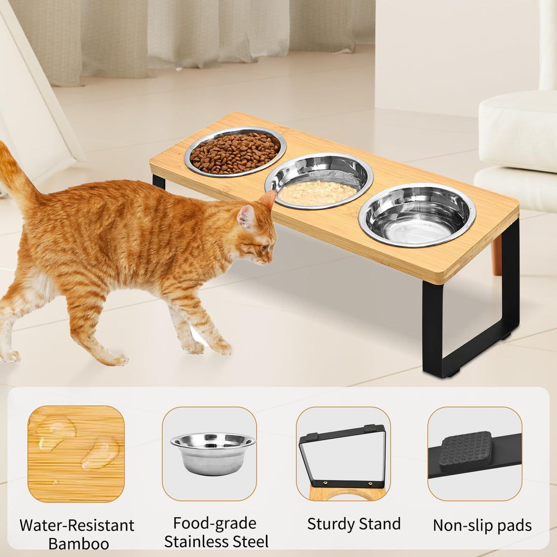 Iron & Wood Pet Feeding Rack with Cat Bowl